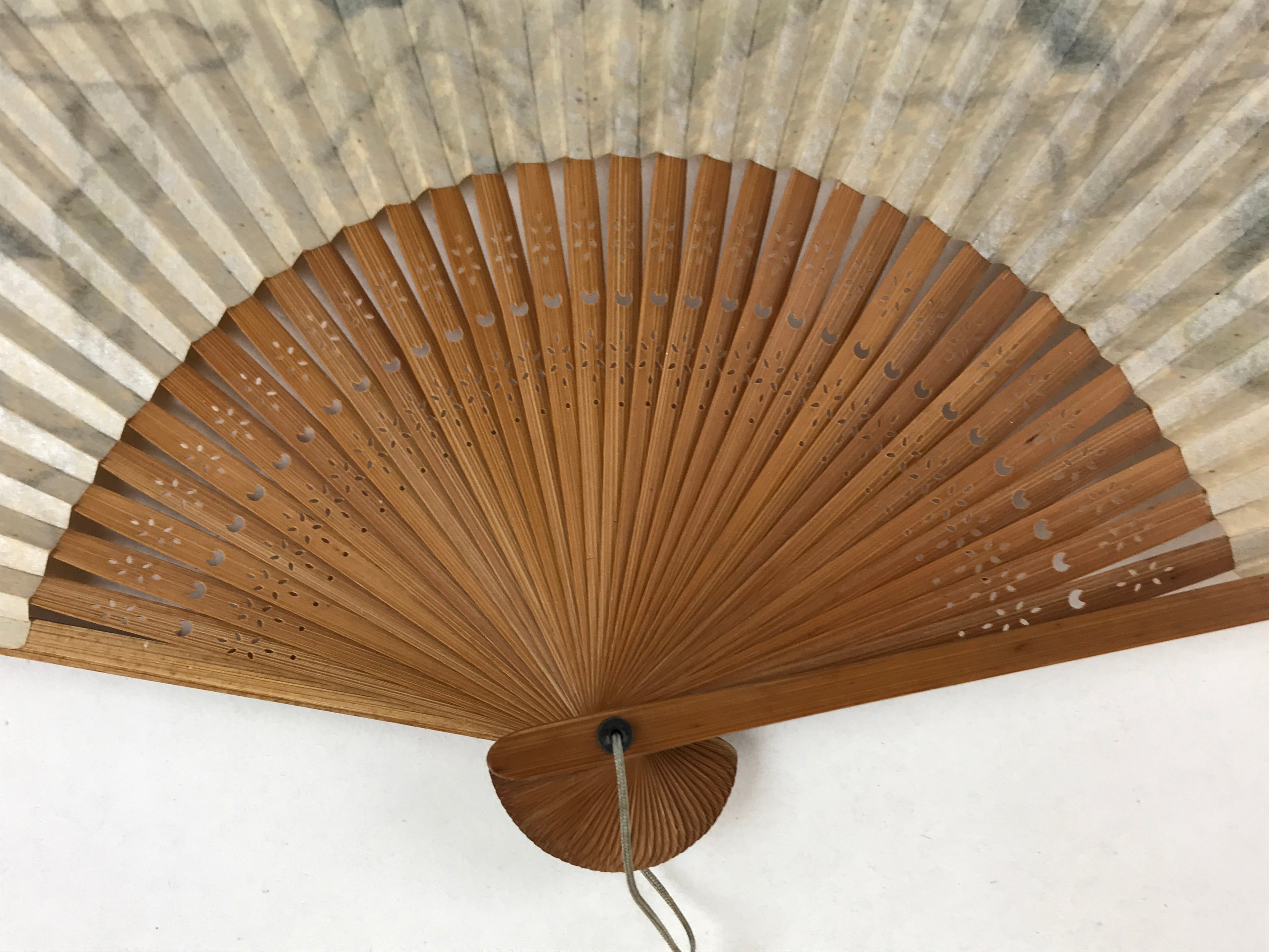 Japanese Folding Fan Sensu Vtg Bamboo Frame Plants Blue Gold Border 4D754
