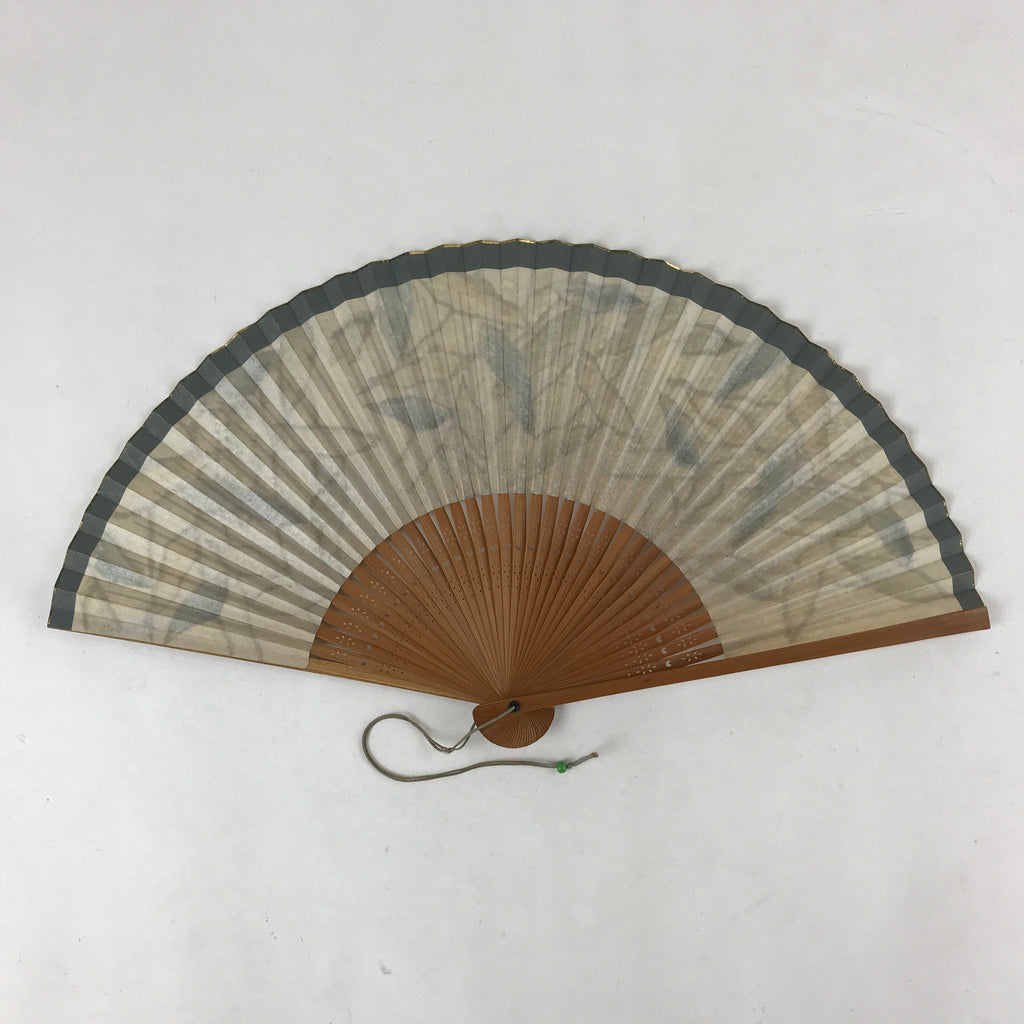 Japanese Folding Fan Sensu Vtg Bamboo Frame Plants Blue Gold Border 4D754