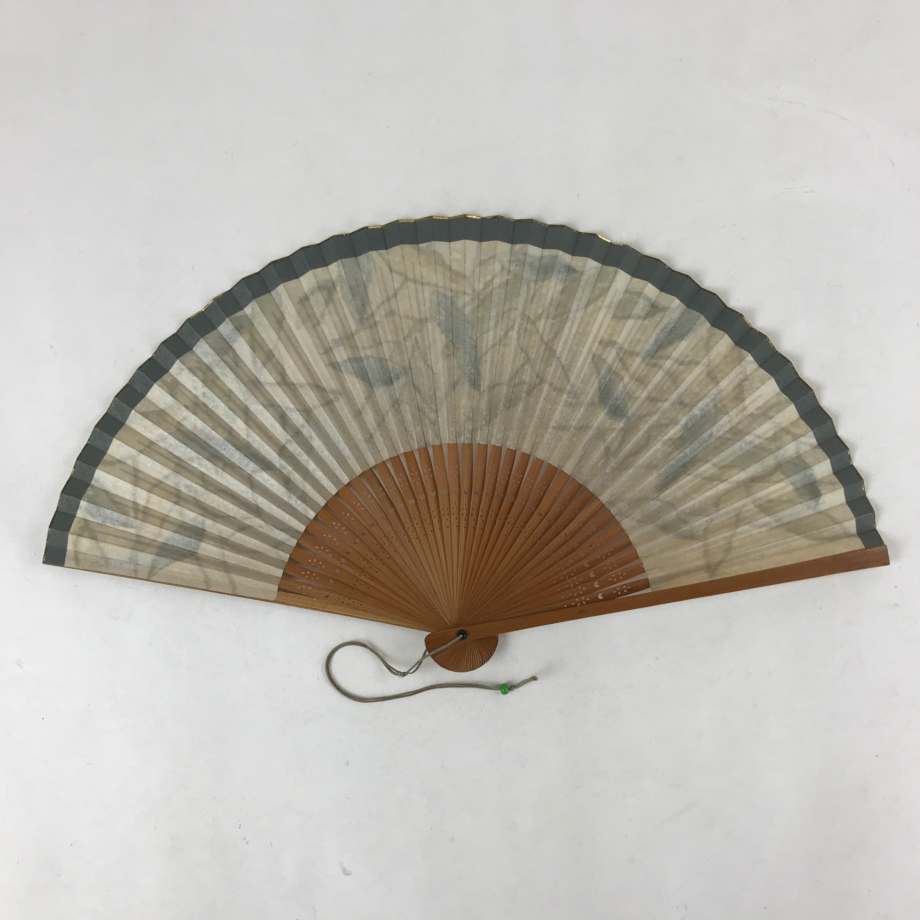 Japanese Folding Fan Sensu Vtg Bamboo Frame Plants Blue Gold Border 4D754