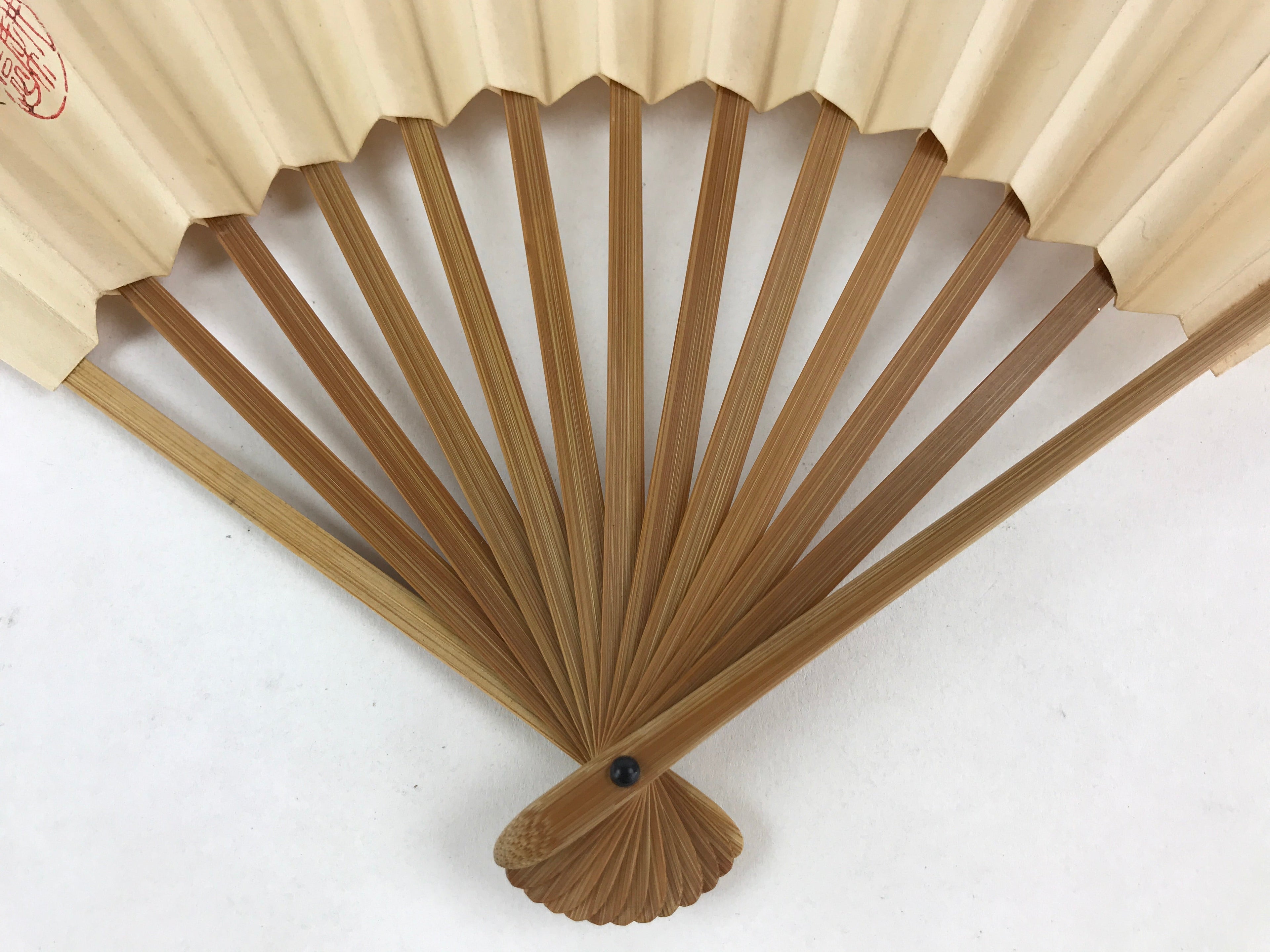Japanese Folding Fan Sensu Vtg Bamboo Frame Plum Flower Red Seal White 4D683