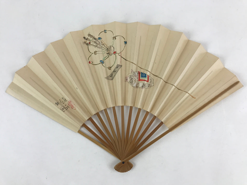 Japanese Folding Fan Sensu Vtg Bamboo Frame Plum Flower Red Seal White 4D683