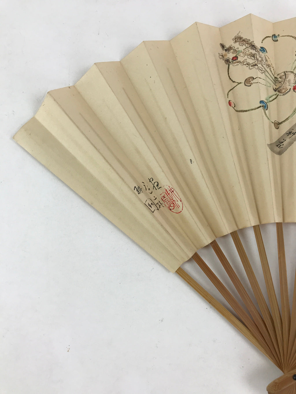 Japanese Folding Fan Sensu Vtg Bamboo Frame Plum Flower Red Seal White 4D683