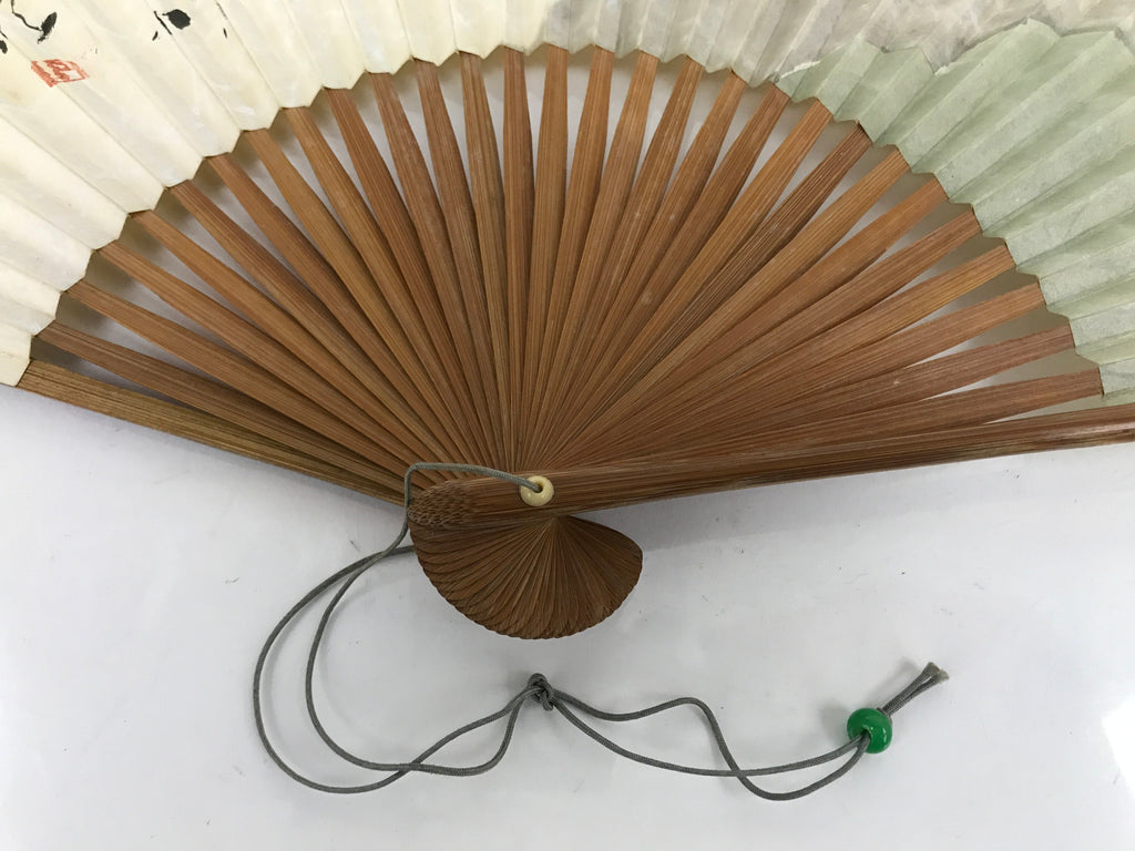 Japanese Folding Fan Sensu Vtg Bamboo Frame Poem Calligraphy Black Beige 4D803