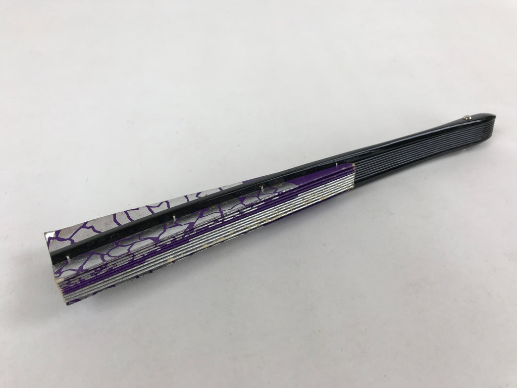 Japanese Folding Fan Sensu Vtg Bamboo Frame Purple Silver Geometric W/ Box 4D698