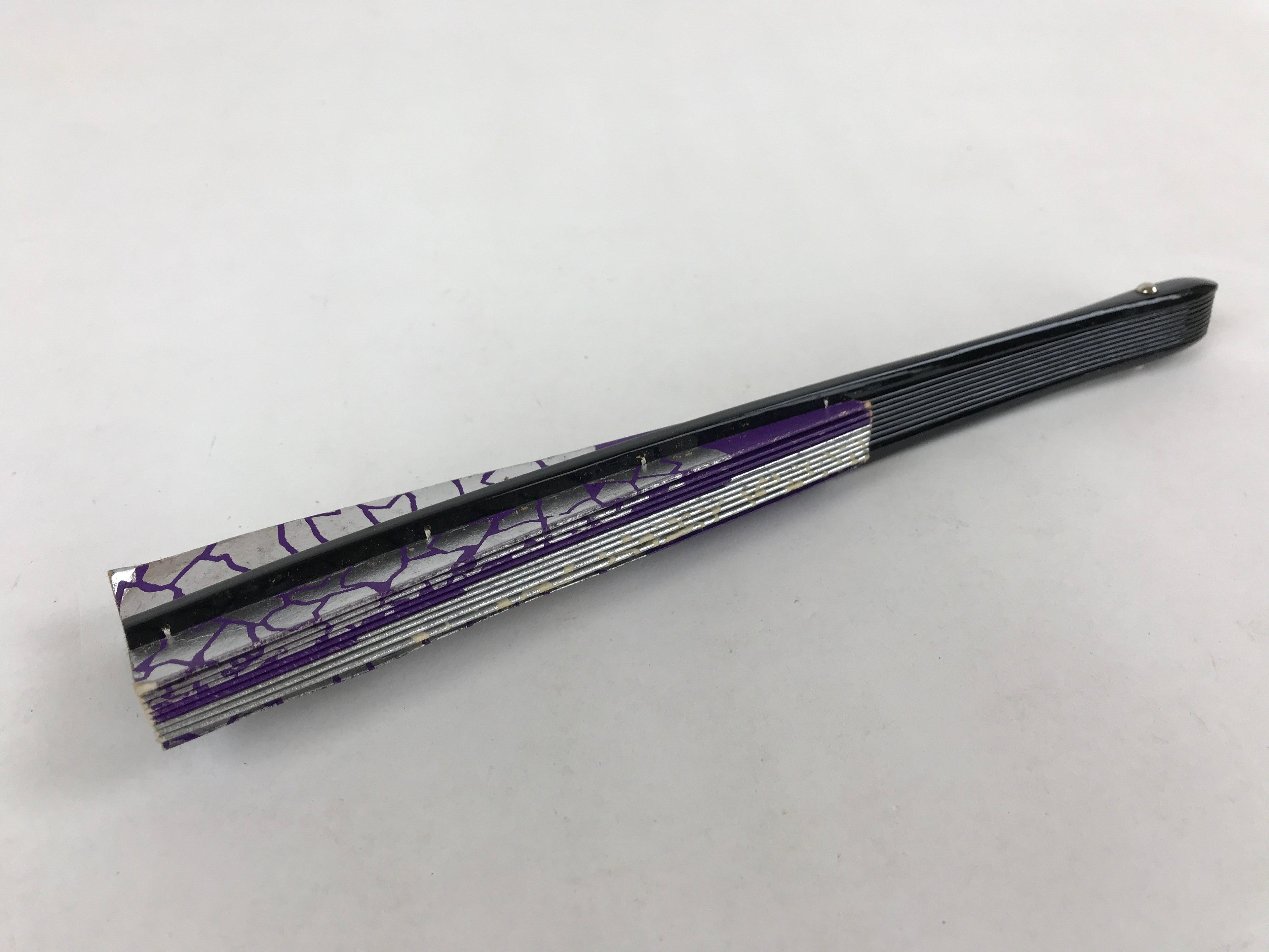 Japanese Folding Fan Sensu Vtg Bamboo Frame Purple Silver Geometric W/ Box 4D698