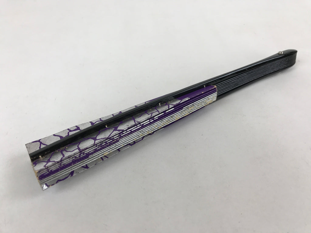 Japanese Folding Fan Sensu Vtg Bamboo Frame Purple Silver Geometric W/ Box 4D698