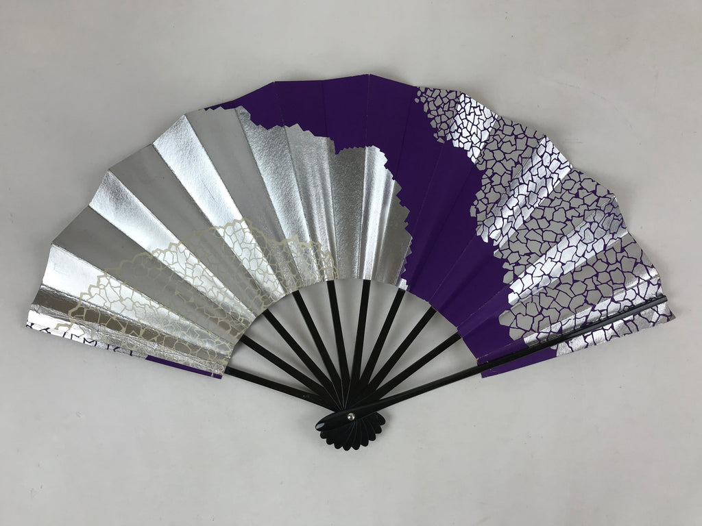 Japanese Folding Fan Sensu Vtg Bamboo Frame Purple Silver Geometric W/ Box 4D698