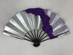 Japanese Folding Fan Sensu Vtg Bamboo Frame Purple Silver Geometric W/ Box 4D698