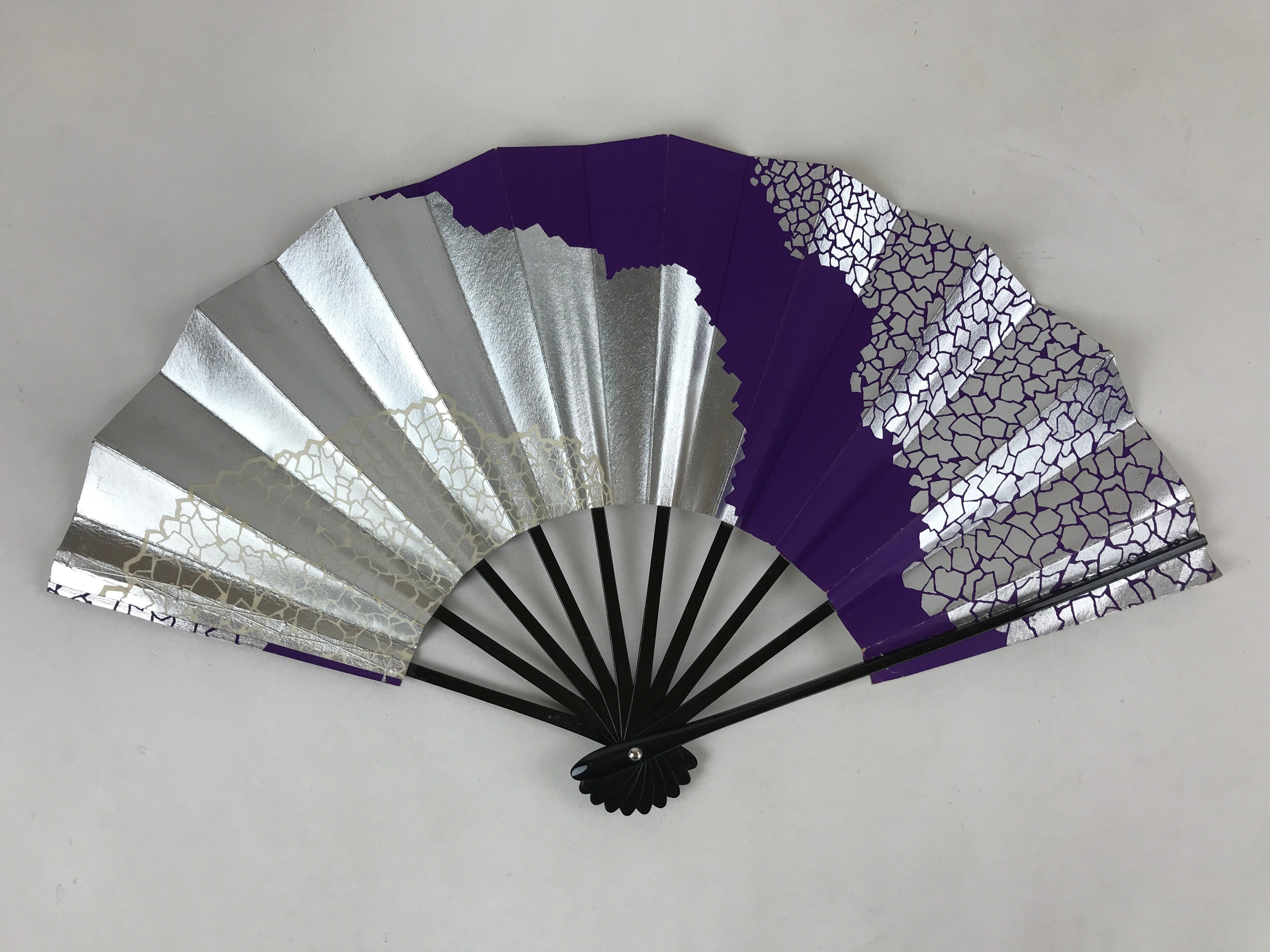 Japanese Folding Fan Sensu Vtg Bamboo Frame Purple Silver Geometric W/ Box 4D698