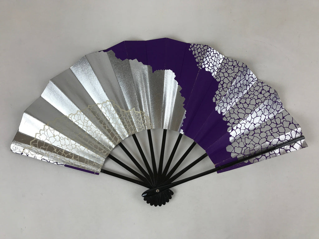 Japanese Folding Fan Sensu Vtg Bamboo Frame Purple Silver Geometric W/ Box 4D698