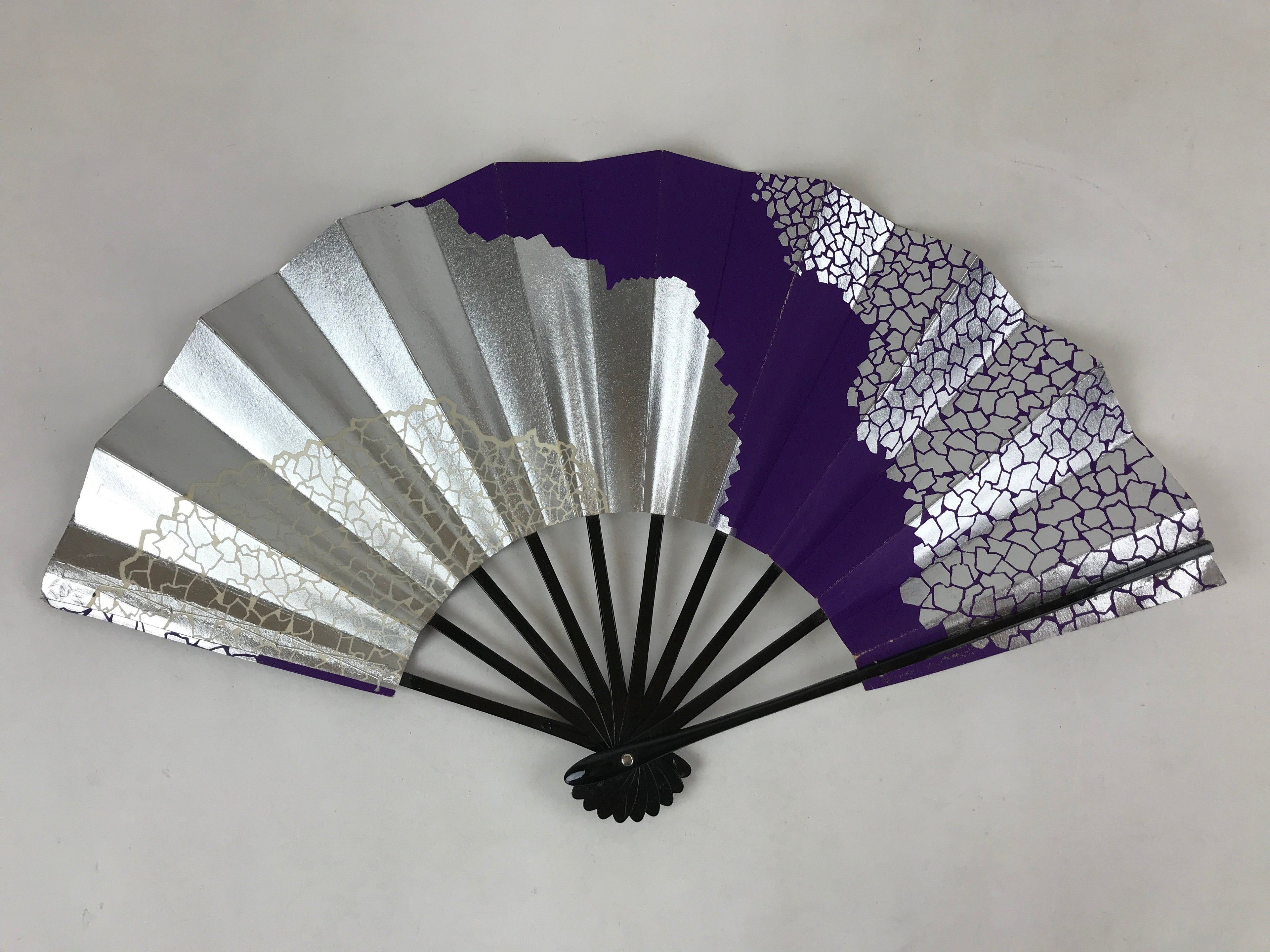Japanese Folding Fan Sensu Vtg Bamboo Frame Purple Silver Geometric W/ Box 4D698