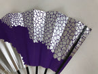 Japanese Folding Fan Sensu Vtg Bamboo Frame Purple Silver Geometric W/ Box 4D698