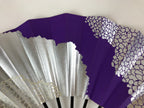Japanese Folding Fan Sensu Vtg Bamboo Frame Purple Silver Geometric W/ Box 4D698