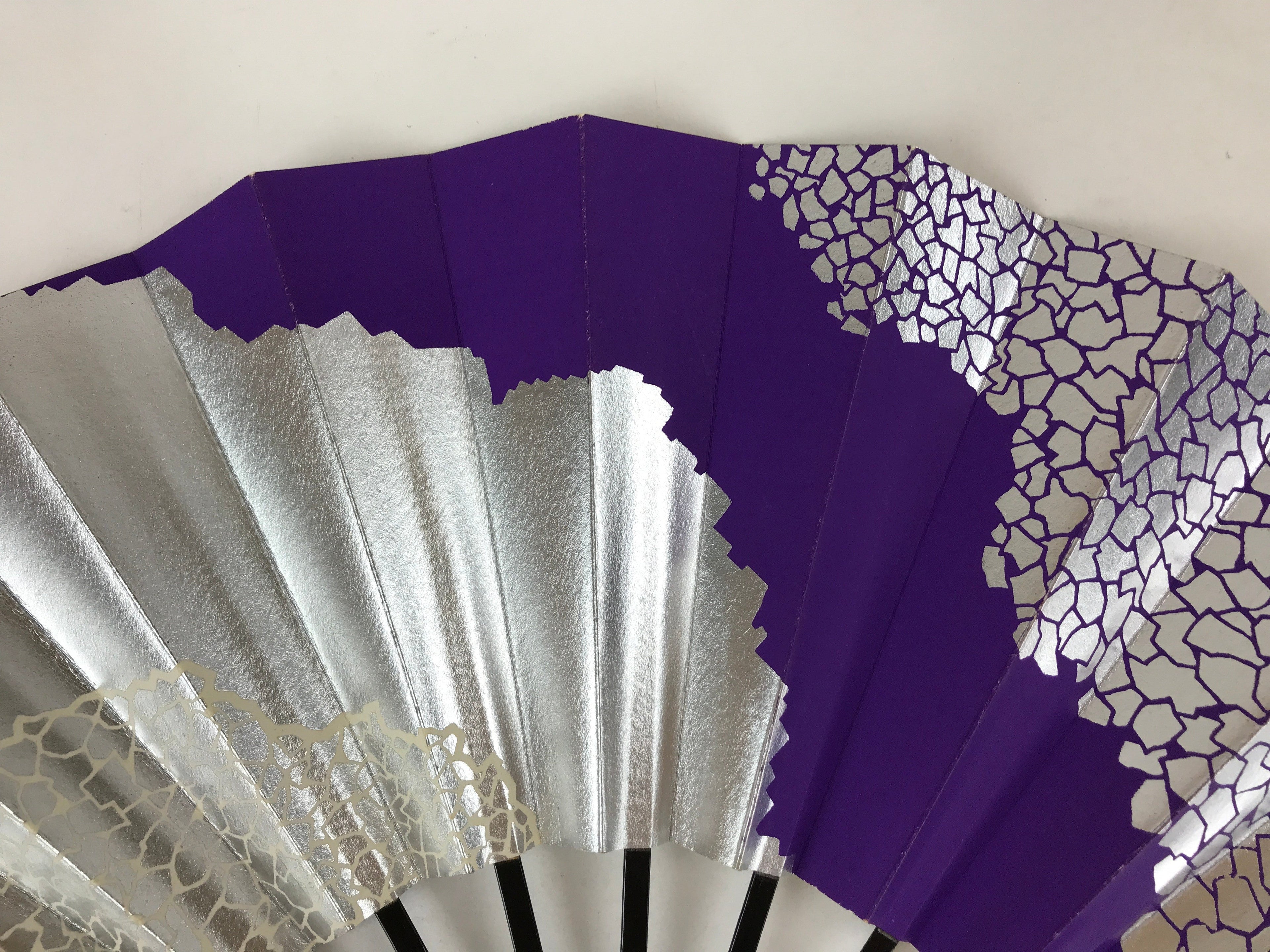 Japanese Folding Fan Sensu Vtg Bamboo Frame Purple Silver Geometric W/ Box 4D698