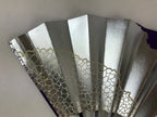 Japanese Folding Fan Sensu Vtg Bamboo Frame Purple Silver Geometric W/ Box 4D698