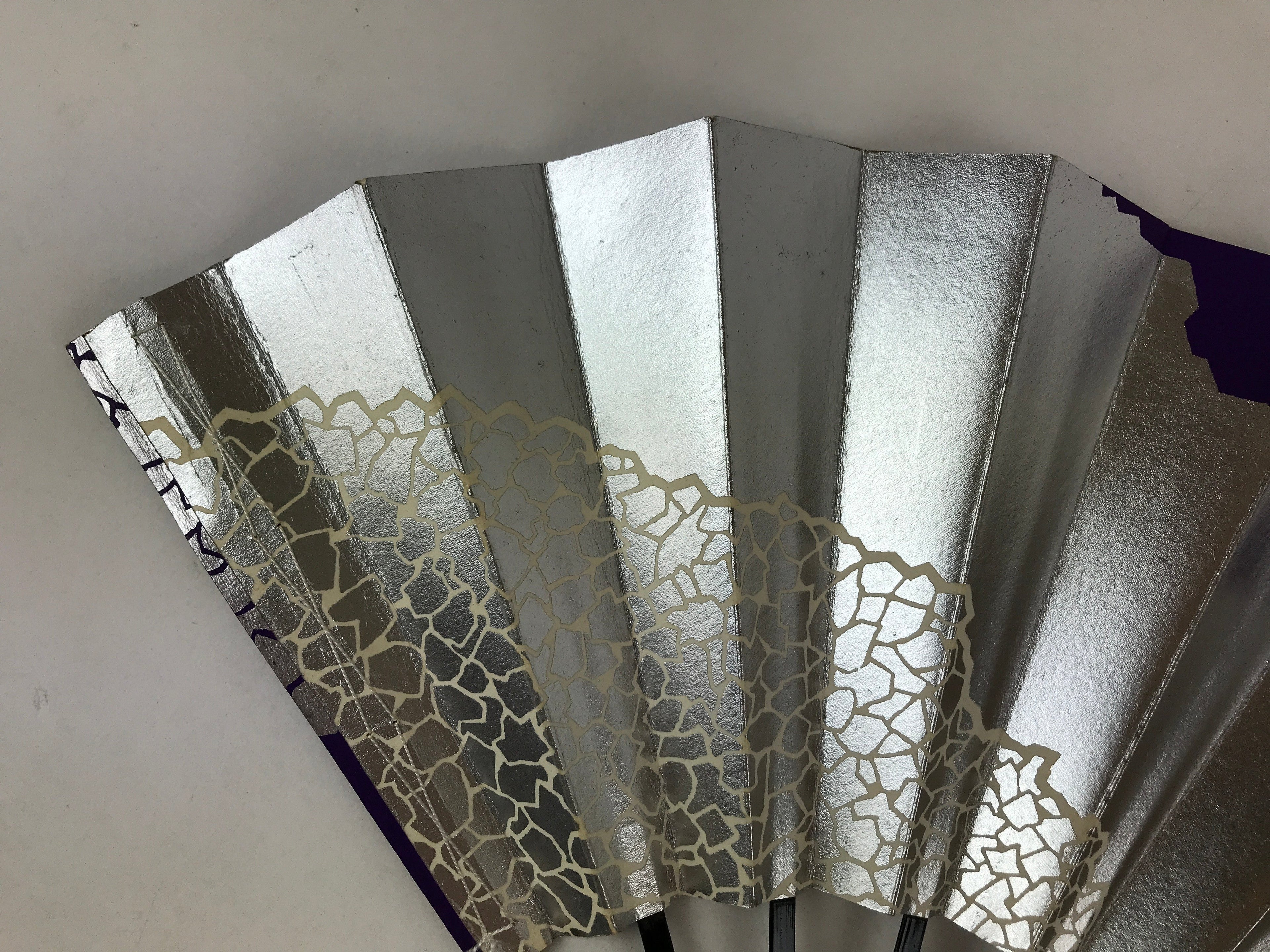 Japanese Folding Fan Sensu Vtg Bamboo Frame Purple Silver Geometric W/ Box 4D698