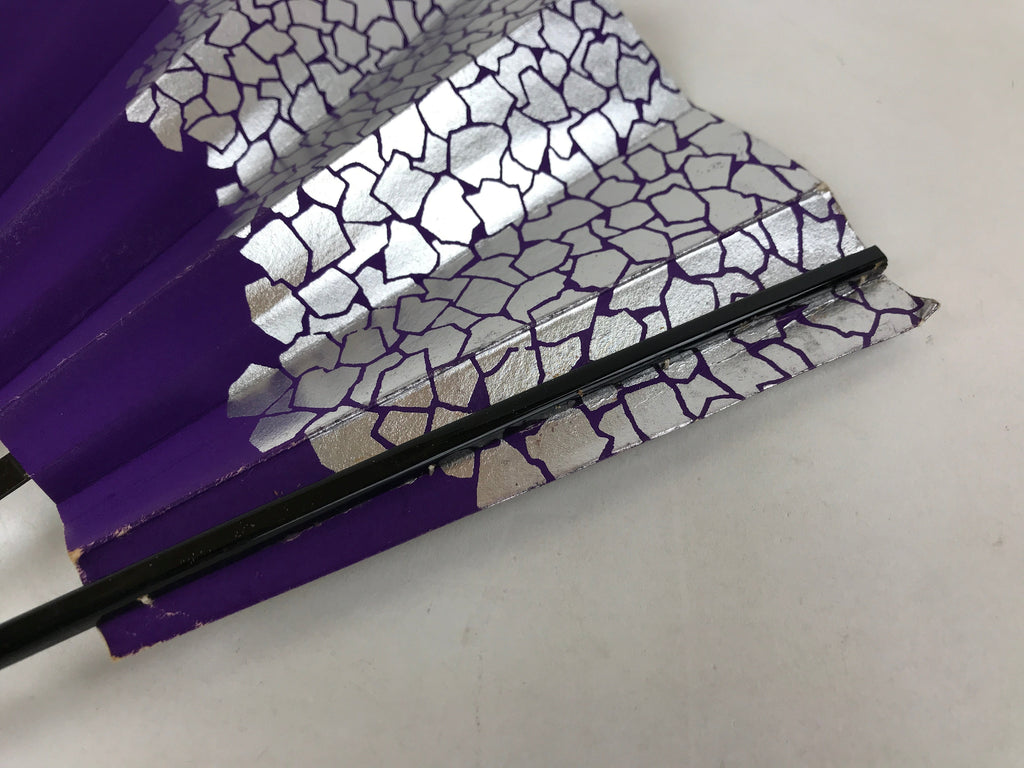 Japanese Folding Fan Sensu Vtg Bamboo Frame Purple Silver Geometric W/ Box 4D698