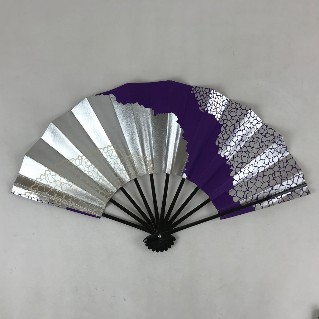 Japanese Folding Fan Sensu Vtg Bamboo Frame Purple Silver Geometric W/ Box 4D698