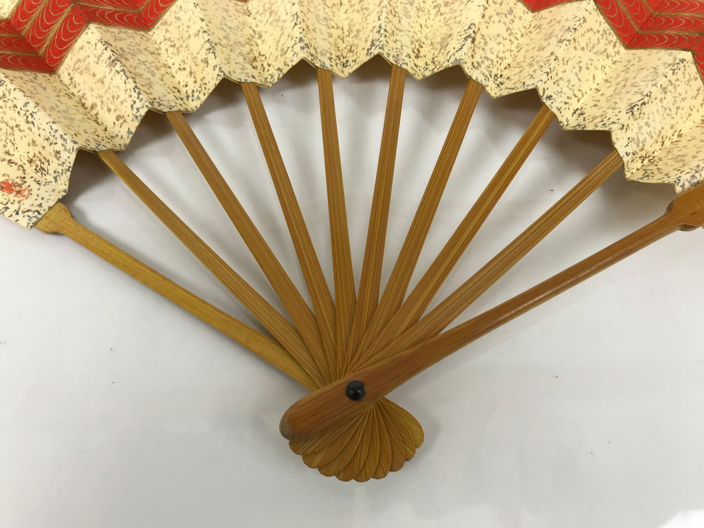 Japanese Folding Fan Sensu Vtg Bamboo Frame Red Beige Gold Waves Pattern 4D892