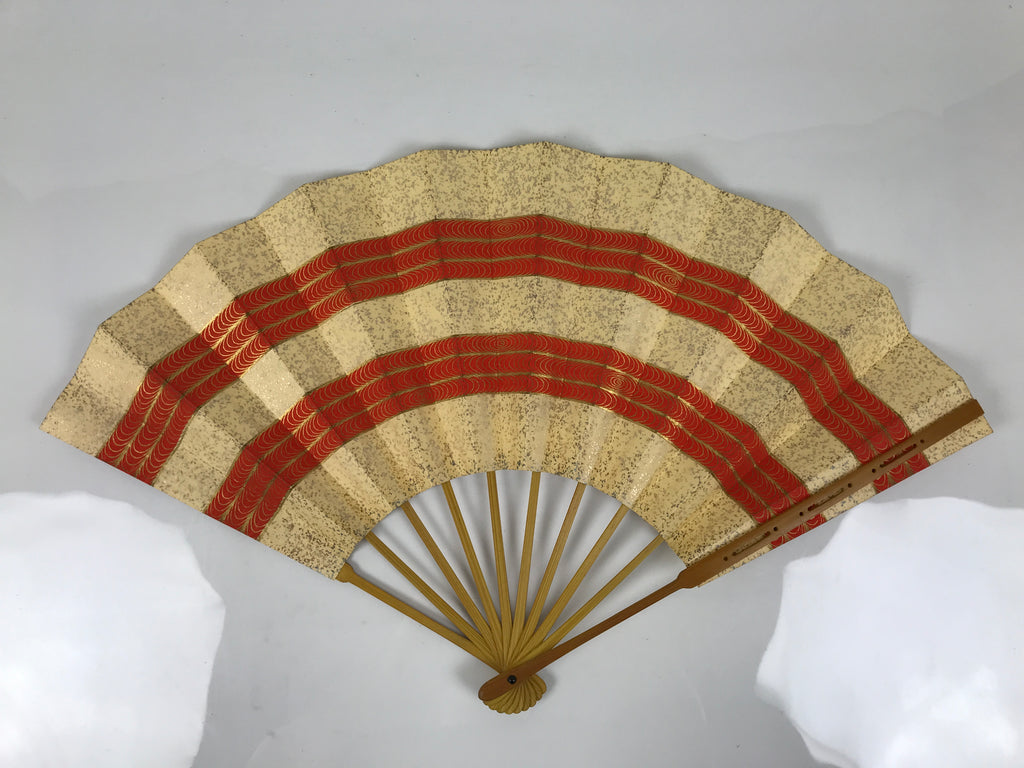 Japanese Folding Fan Sensu Vtg Bamboo Frame Red Beige Gold Waves Pattern 4D892