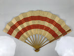 Japanese Folding Fan Sensu Vtg Bamboo Frame Red Beige Gold Waves Pattern 4D892