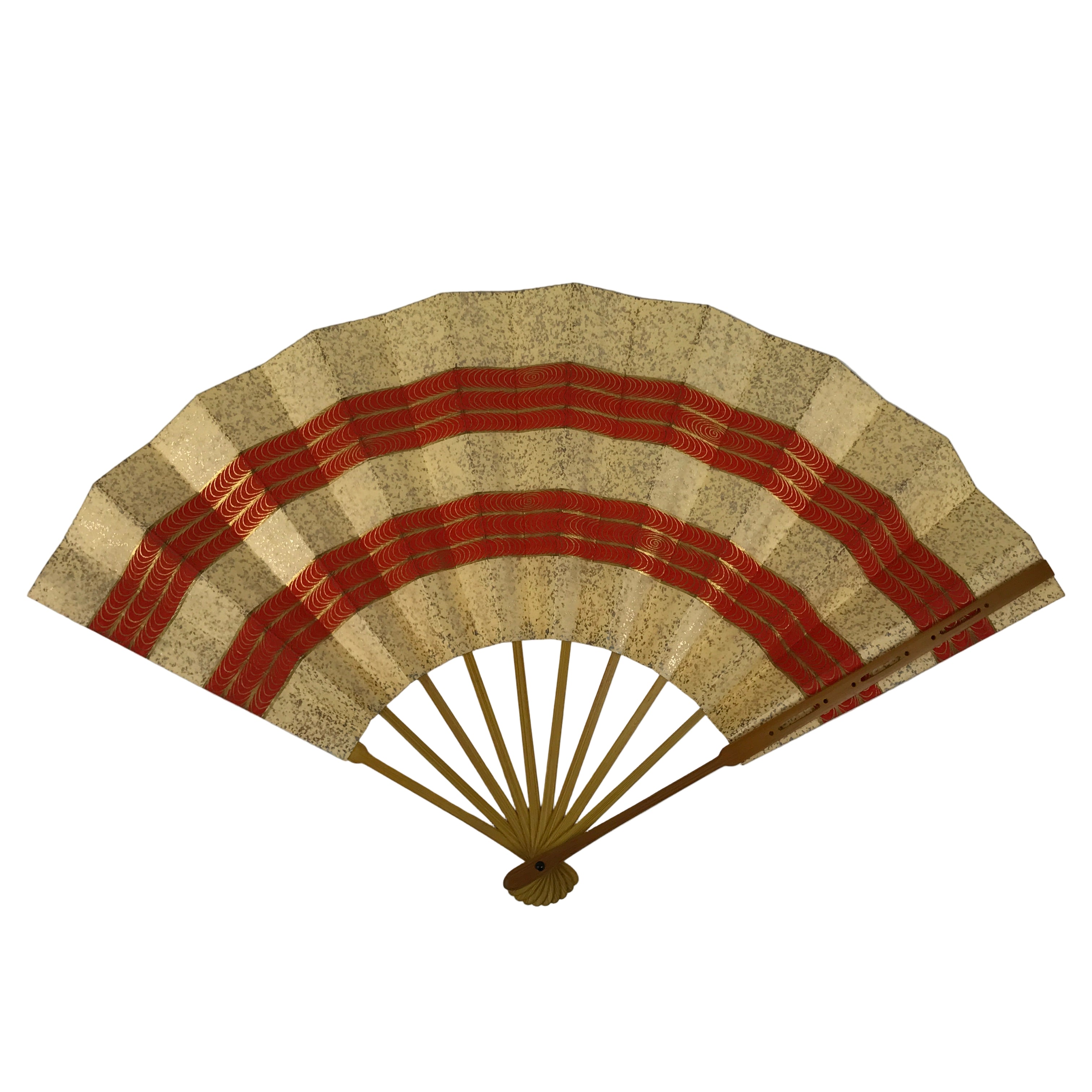 Japanese Folding Fan Sensu Vtg Bamboo Frame Red Beige Gold Waves Pattern 4D892