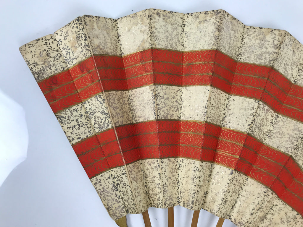 Japanese Folding Fan Sensu Vtg Bamboo Frame Red Beige Gold Waves Pattern 4D953