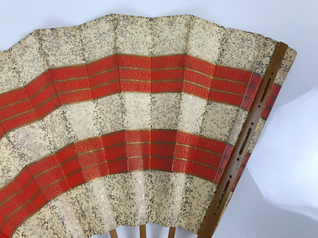 Japanese Folding Fan Sensu Vtg Bamboo Frame Red Beige Gold Waves Pattern 4D953
