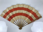 Japanese Folding Fan Sensu Vtg Bamboo Frame Red Beige Gold Waves Pattern 4D953