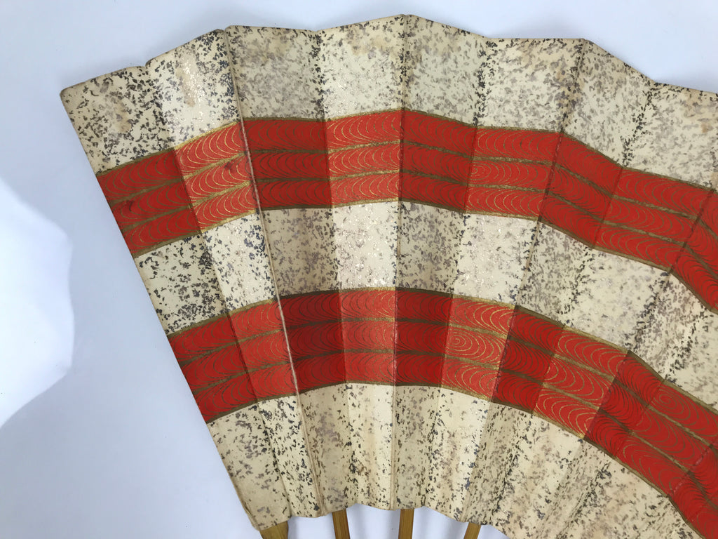 Japanese Folding Fan Sensu Vtg Bamboo Frame Red Beige Gold Waves Pattern 4D953