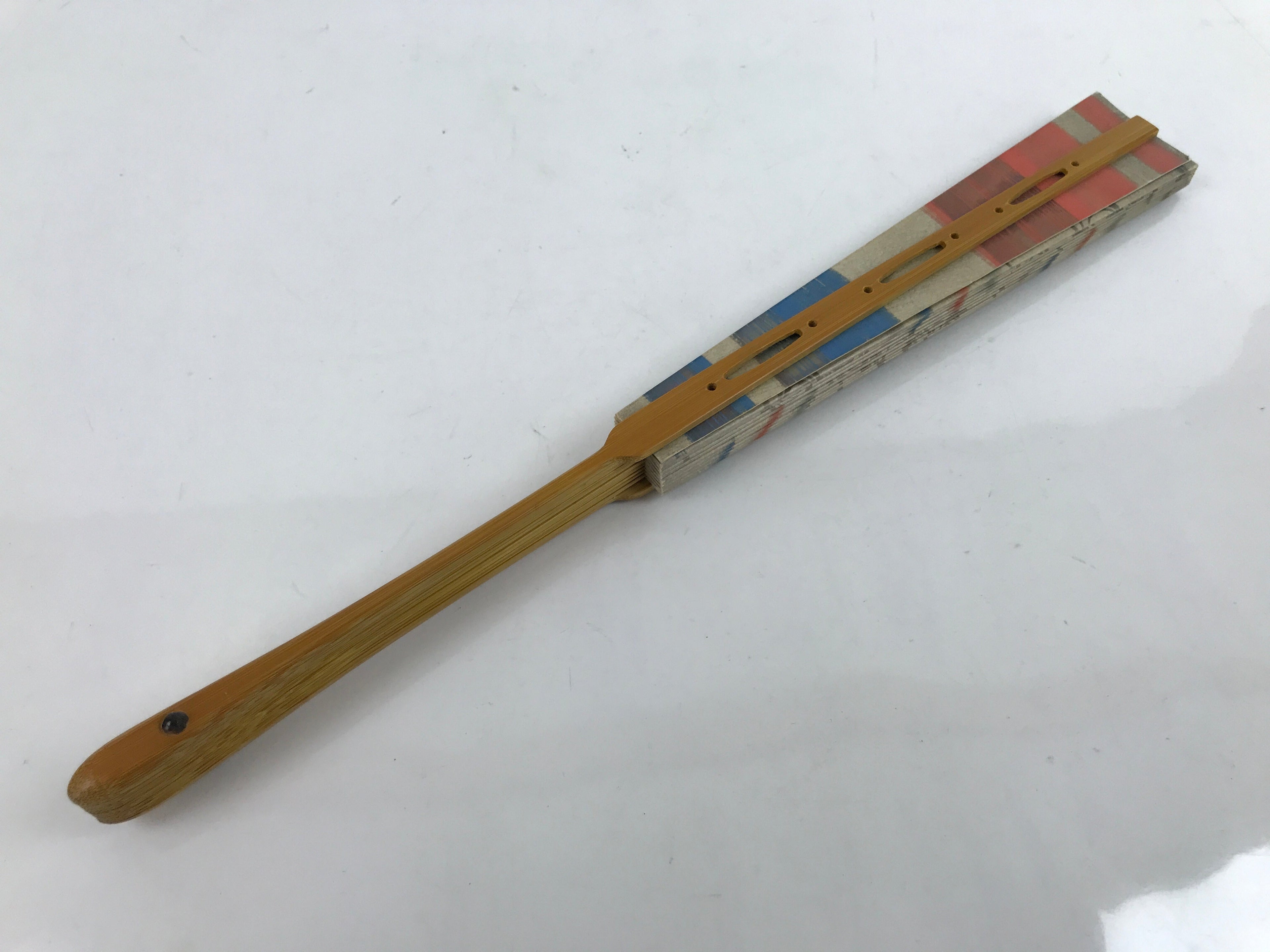 Japanese Folding Fan Sensu Vtg Bamboo Frame Red Blue Gold Waves Pattern 4D790