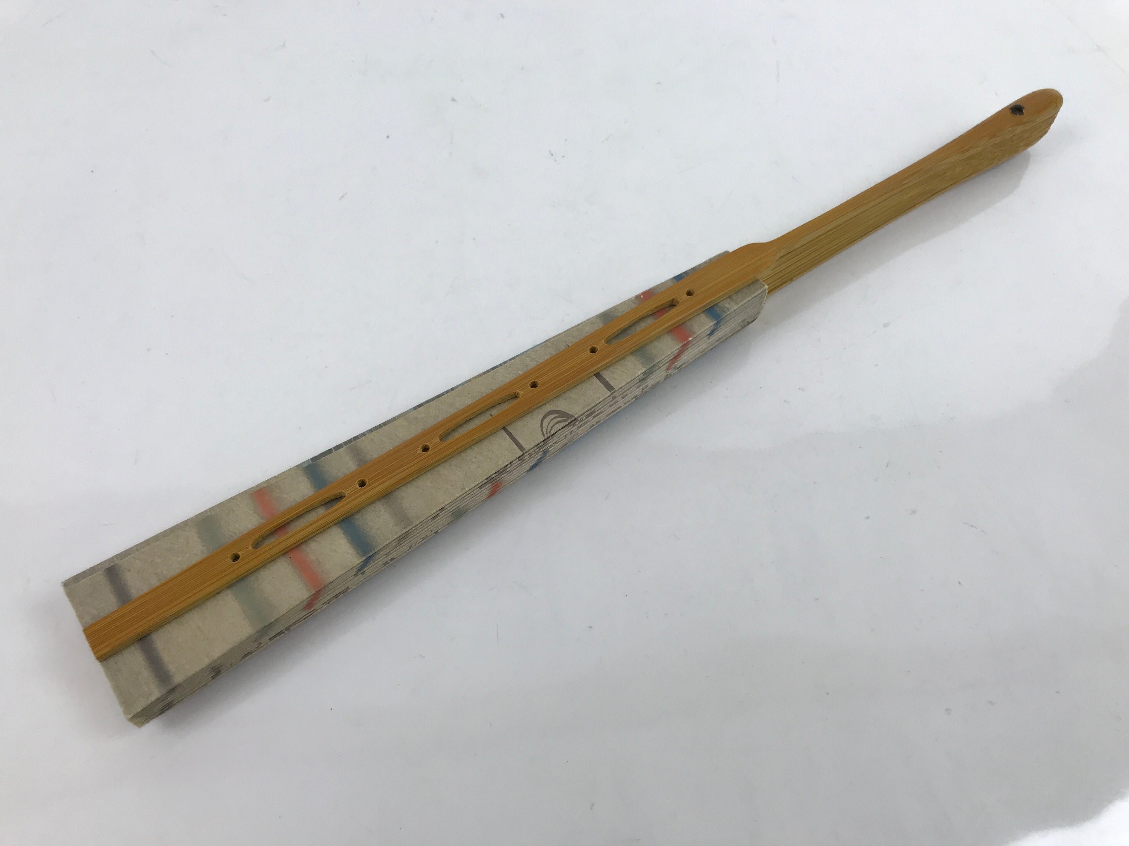 Japanese Folding Fan Sensu Vtg Bamboo Frame Red Blue Gold Waves Pattern 4D790
