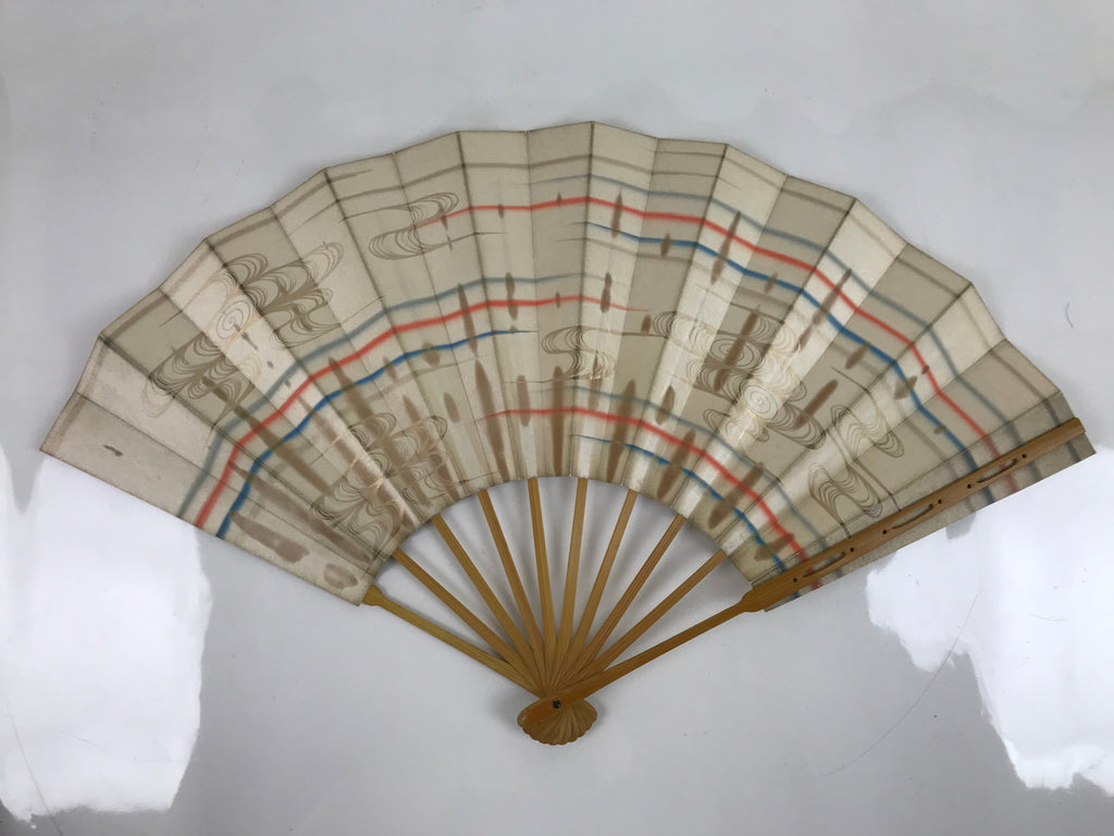 Japanese Folding Fan Sensu Vtg Bamboo Frame Red Blue Gold Waves Pattern 4D790