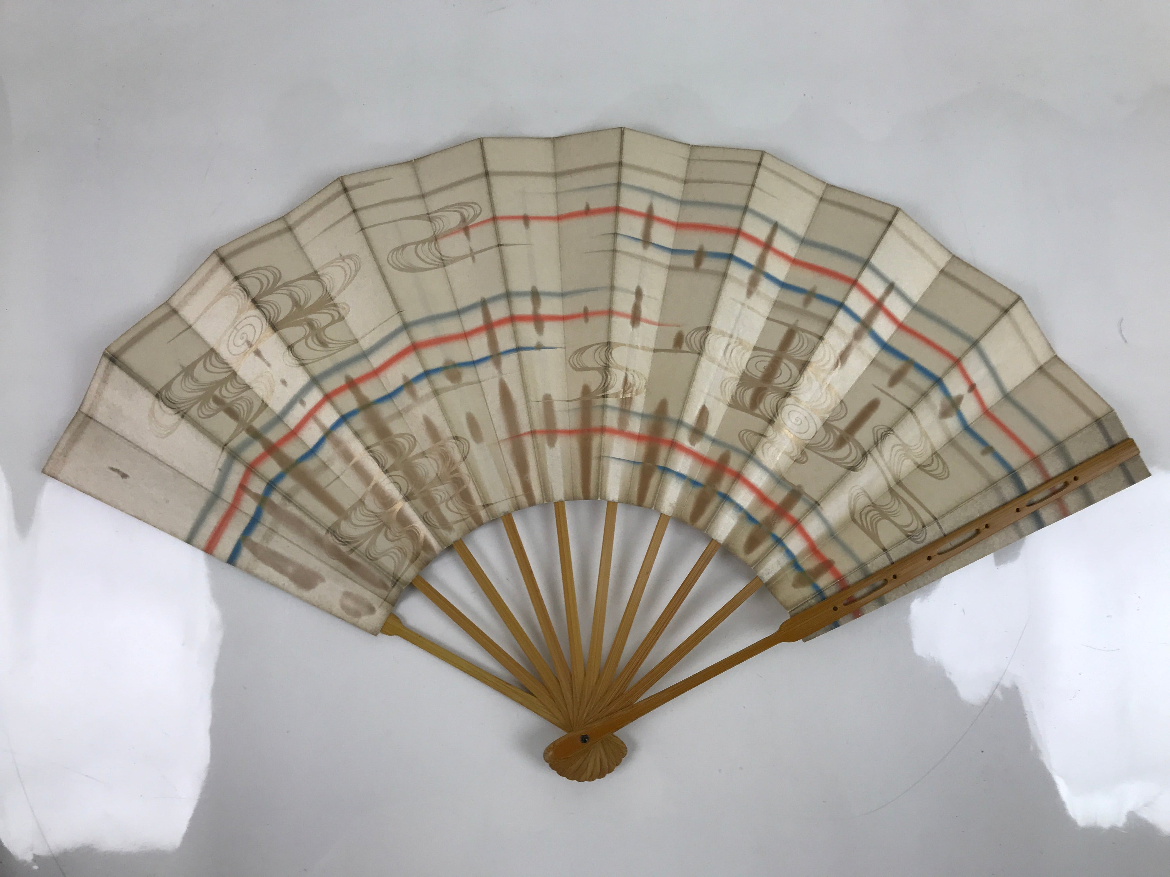 Japanese Folding Fan Sensu Vtg Bamboo Frame Red Blue Gold Waves Pattern 4D790