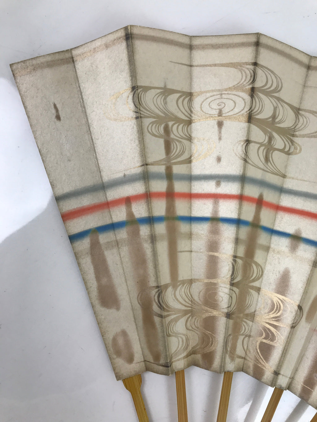 Japanese Folding Fan Sensu Vtg Bamboo Frame Red Blue Gold Waves Pattern 4D790