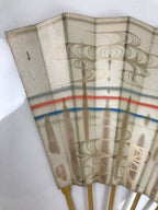 Japanese Folding Fan Sensu Vtg Bamboo Frame Red Blue Gold Waves Pattern 4D790