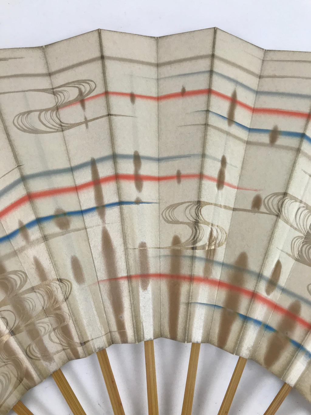 Japanese Folding Fan Sensu Vtg Bamboo Frame Red Blue Gold Waves Pattern 4D790