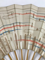 Japanese Folding Fan Sensu Vtg Bamboo Frame Red Blue Gold Waves Pattern 4D790