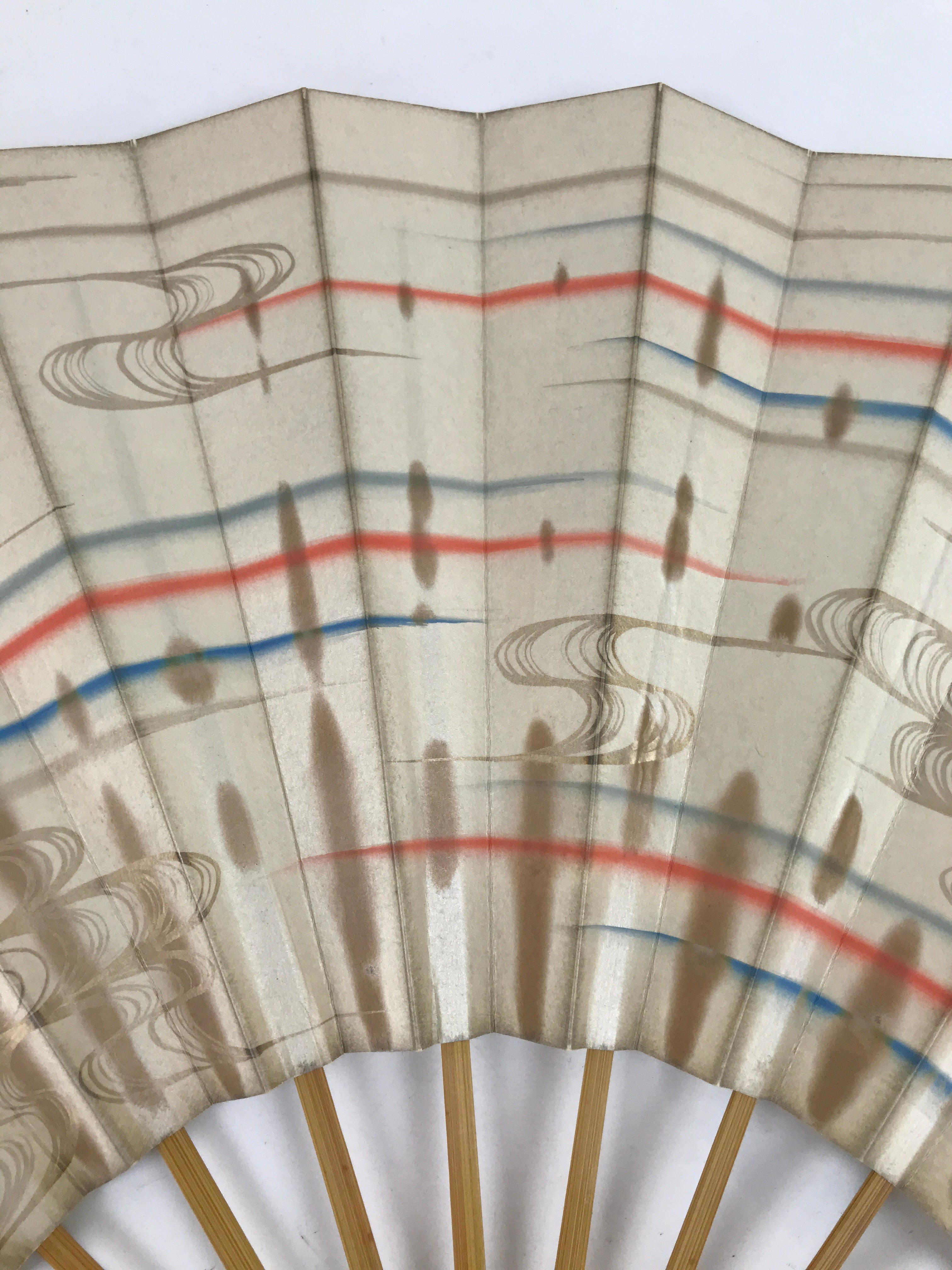 Japanese Folding Fan Sensu Vtg Bamboo Frame Red Blue Gold Waves Pattern 4D790