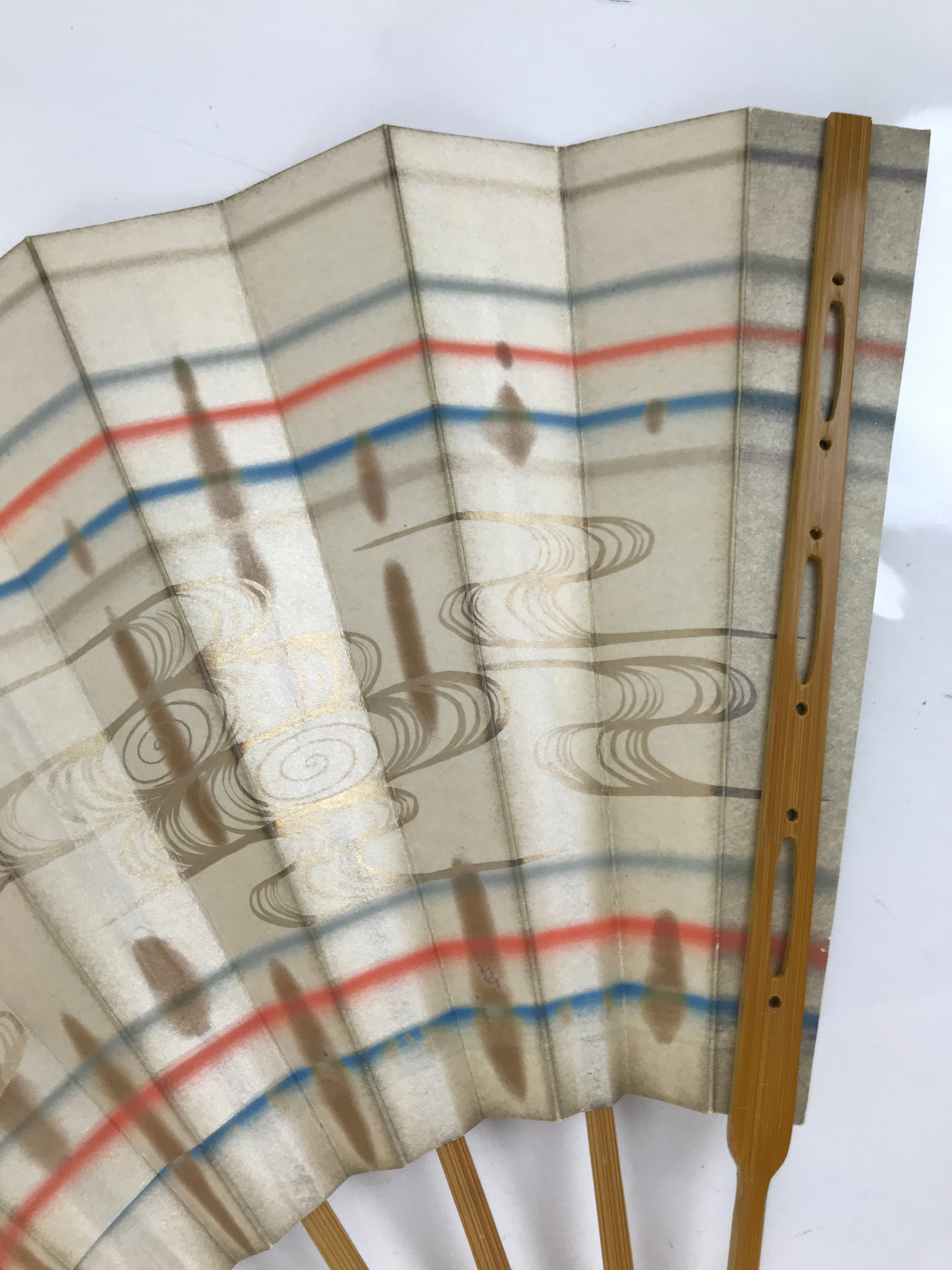 Japanese Folding Fan Sensu Vtg Bamboo Frame Red Blue Gold Waves Pattern 4D790
