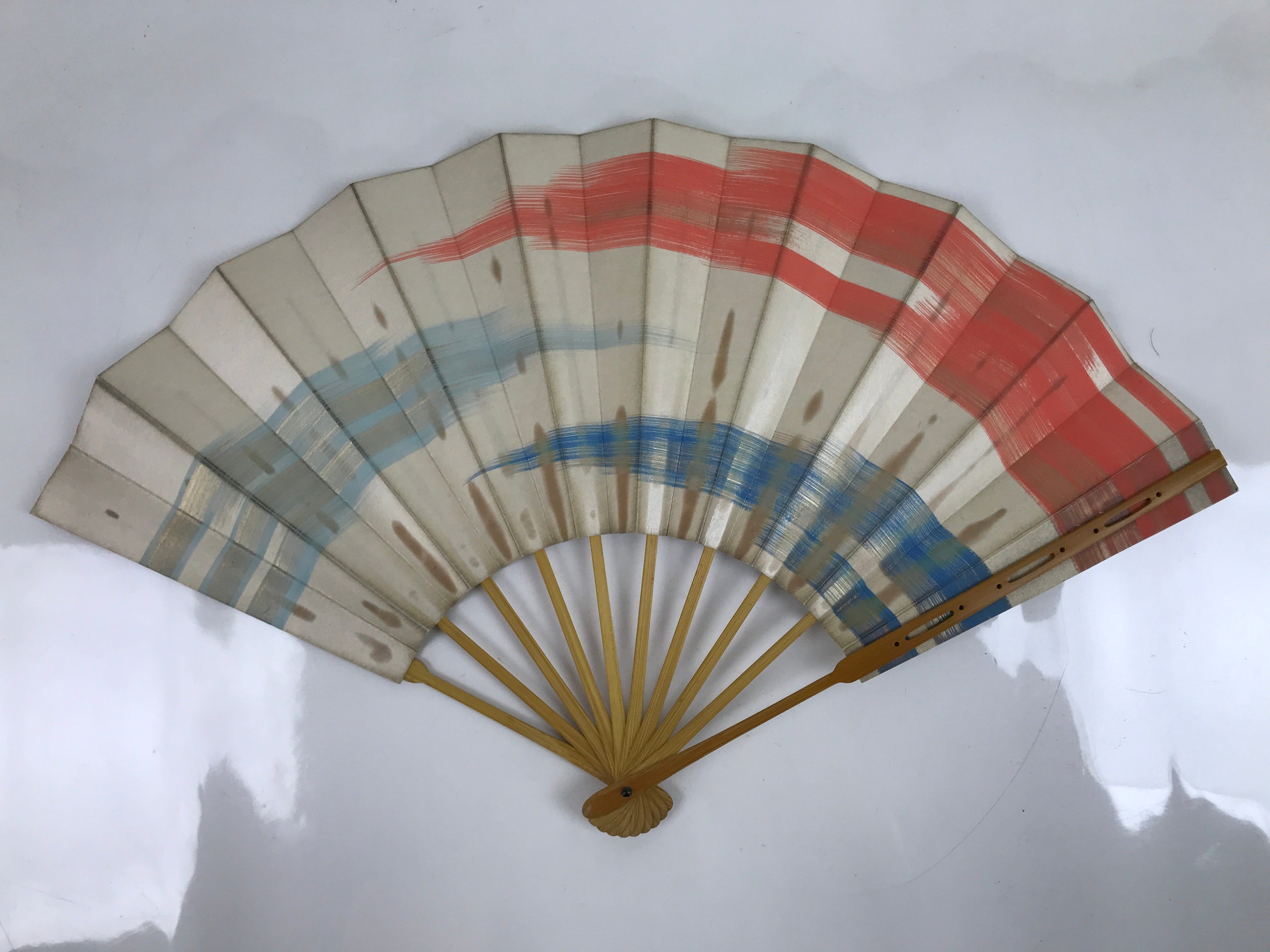 Japanese Folding Fan Sensu Vtg Bamboo Frame Red Blue Gold Waves Pattern 4D790