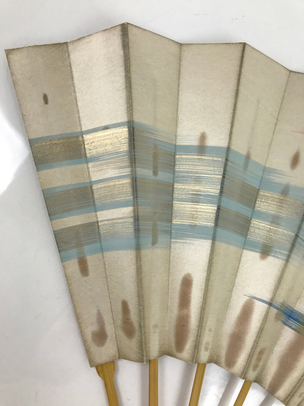 Japanese Folding Fan Sensu Vtg Bamboo Frame Red Blue Gold Waves Pattern 4D790