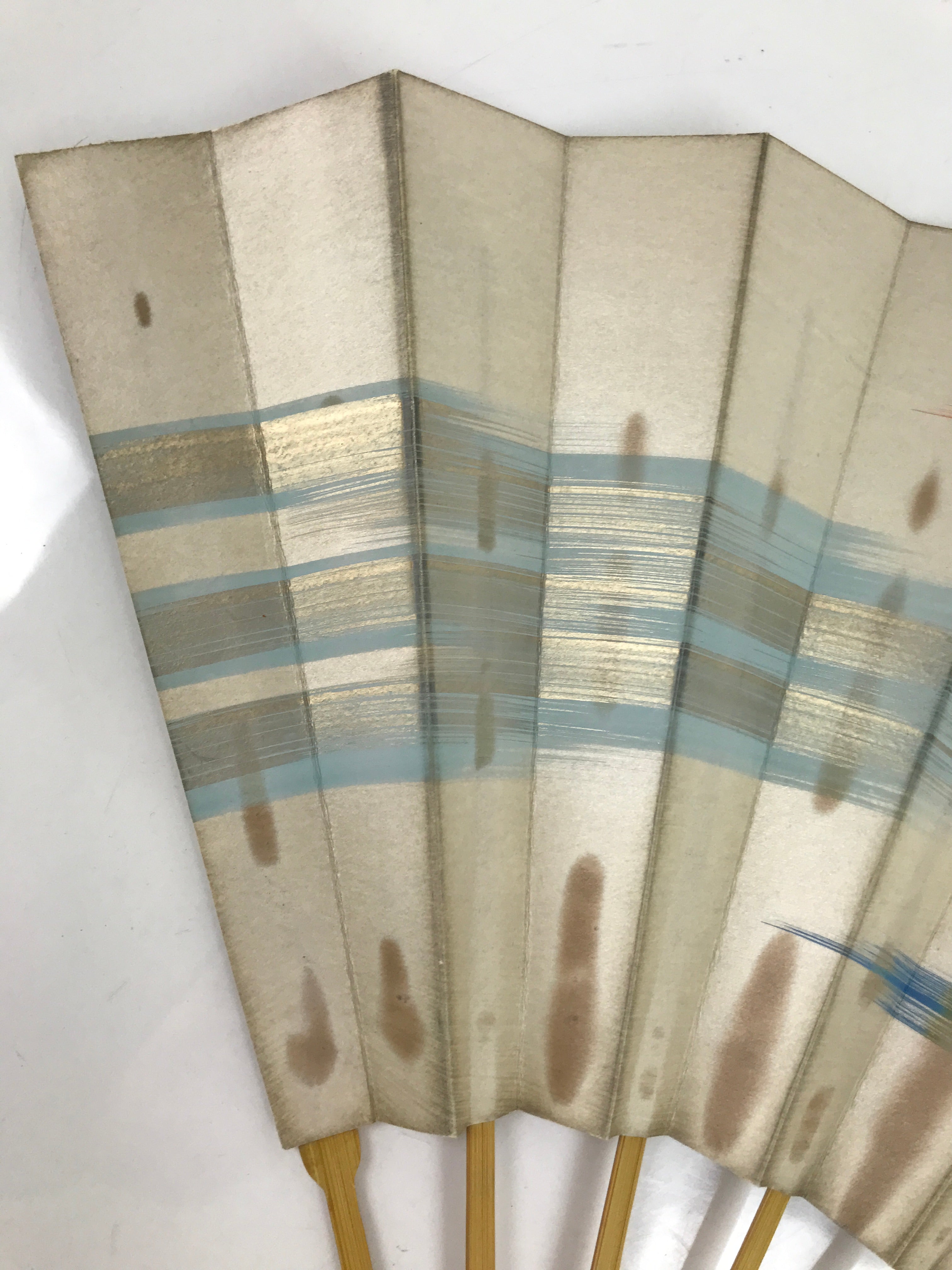 Japanese Folding Fan Sensu Vtg Bamboo Frame Red Blue Gold Waves Pattern 4D790