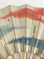 Japanese Folding Fan Sensu Vtg Bamboo Frame Red Blue Gold Waves Pattern 4D790