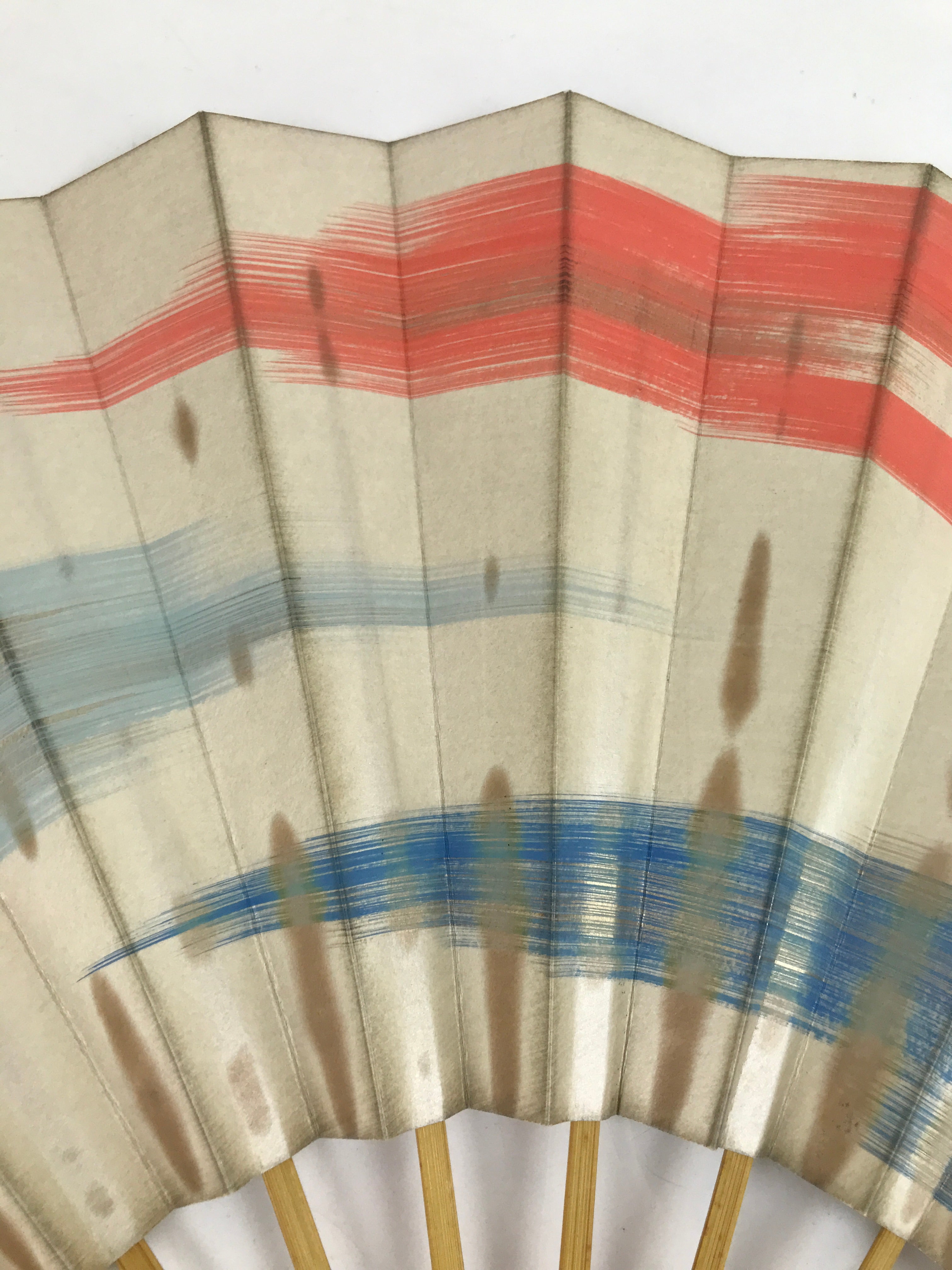 Japanese Folding Fan Sensu Vtg Bamboo Frame Red Blue Gold Waves Pattern 4D790