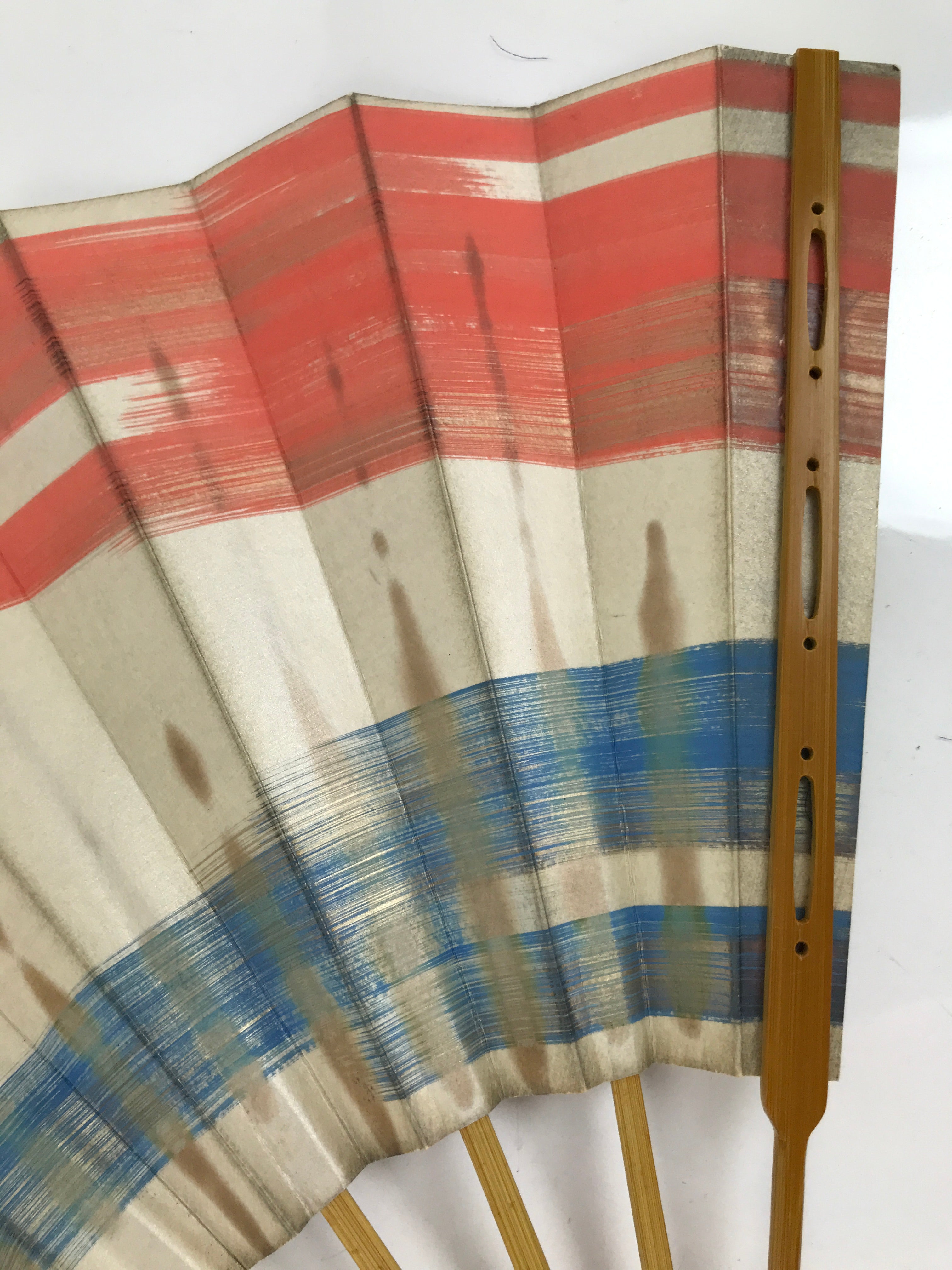 Japanese Folding Fan Sensu Vtg Bamboo Frame Red Blue Gold Waves Pattern 4D790