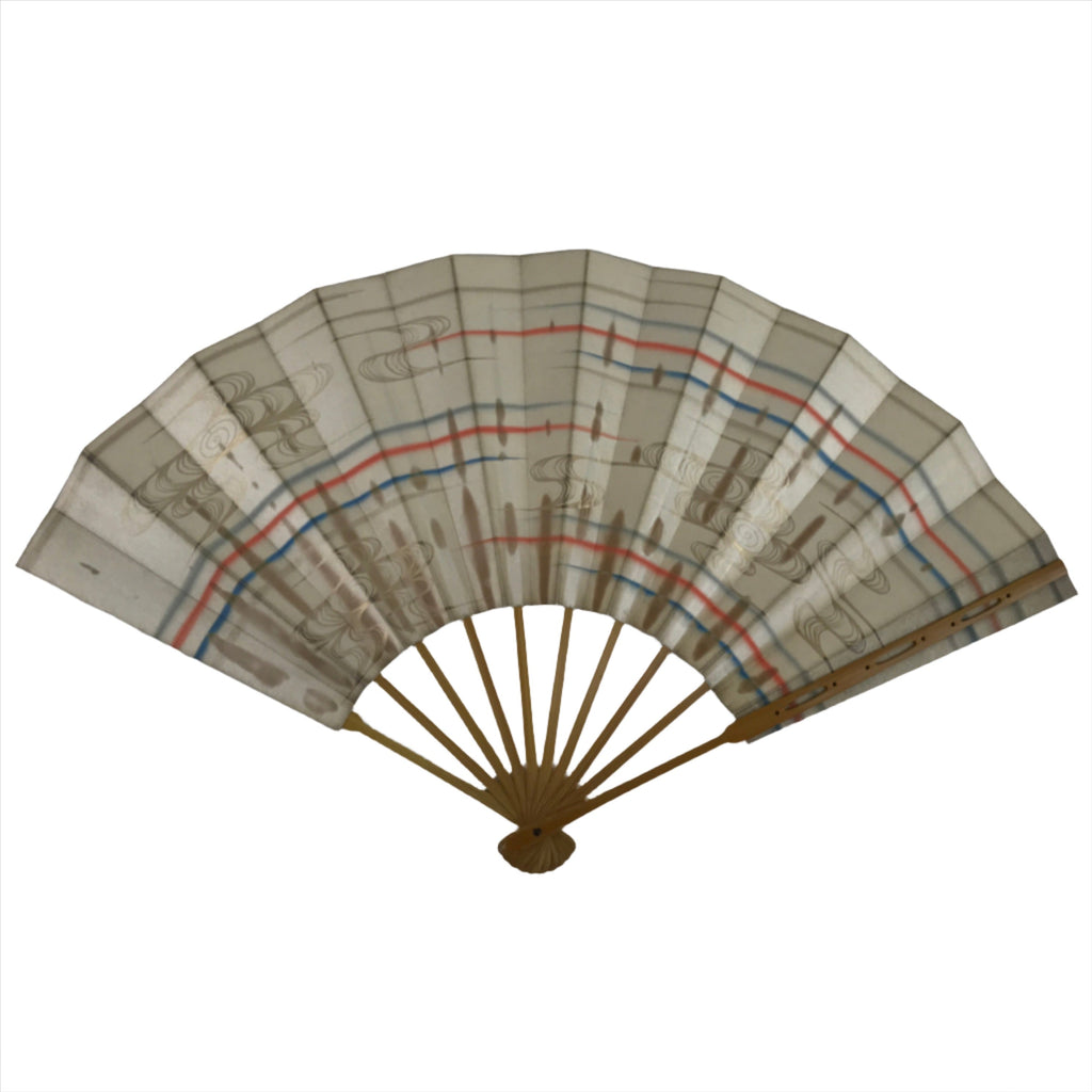 Japanese Folding Fan Sensu Vtg Bamboo Frame Red Blue Gold Waves Pattern 4D790