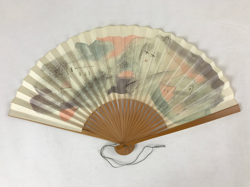 Japanese Folding Fan Sensu Vtg Bamboo Frame Retro Woman Cityscape Design 4D750