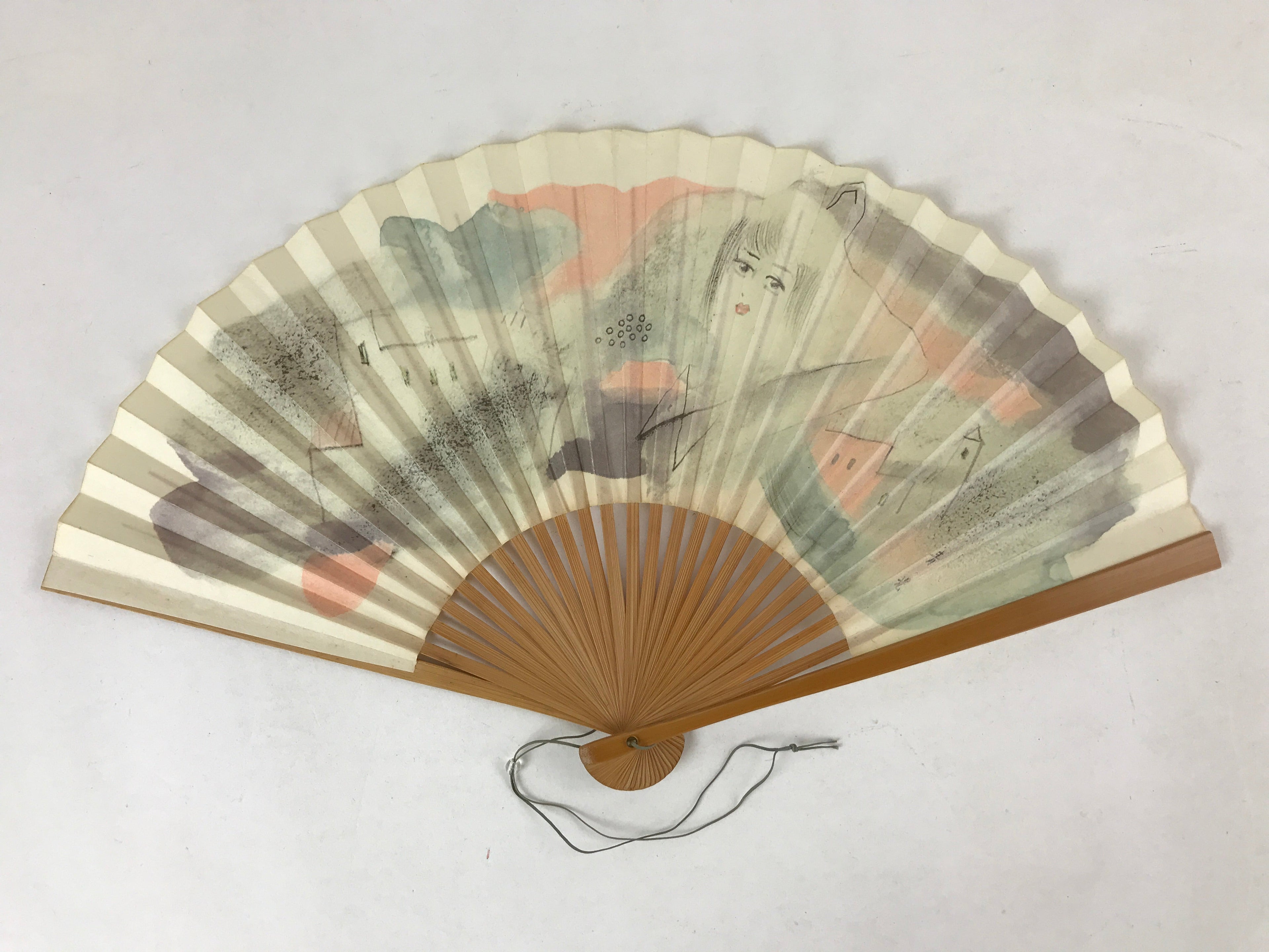 Japanese Folding Fan Sensu Vtg Bamboo Frame Retro Woman Cityscape Design 4D750