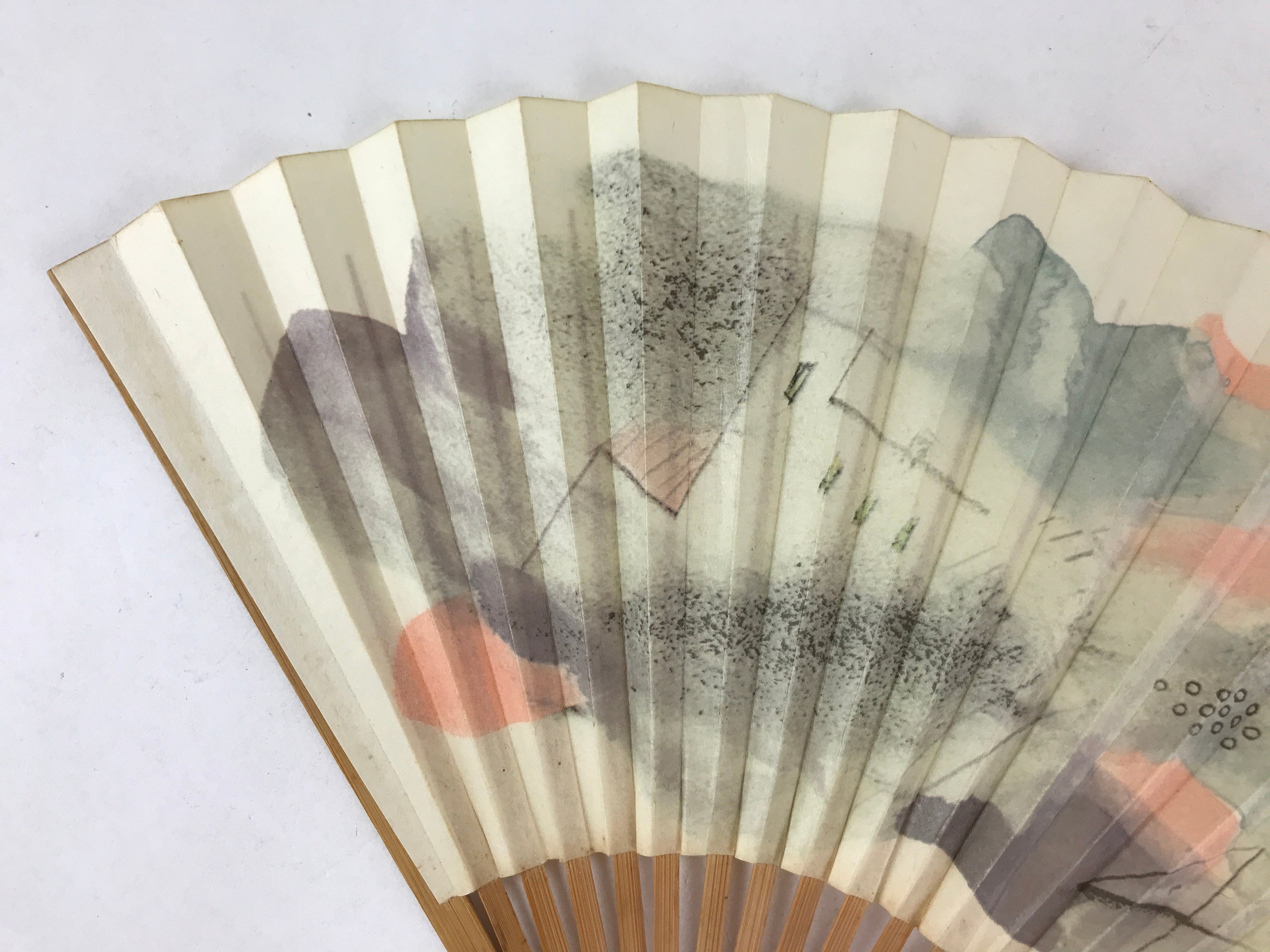 Japanese Folding Fan Sensu Vtg Bamboo Frame Retro Woman Cityscape Design 4D750